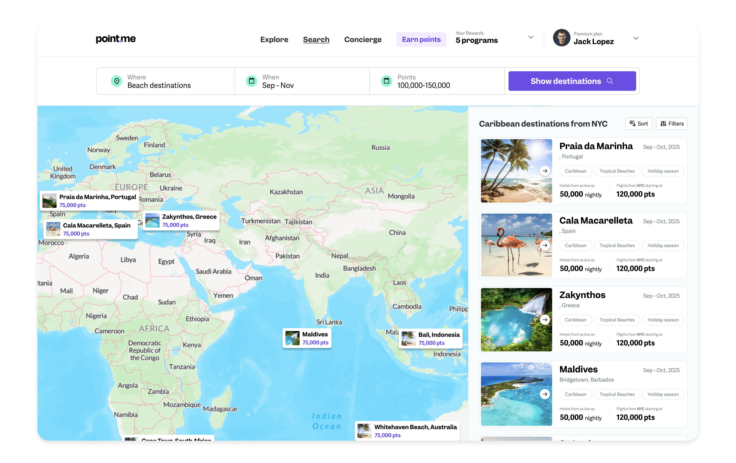 Point.me map-based deal browsing mockup